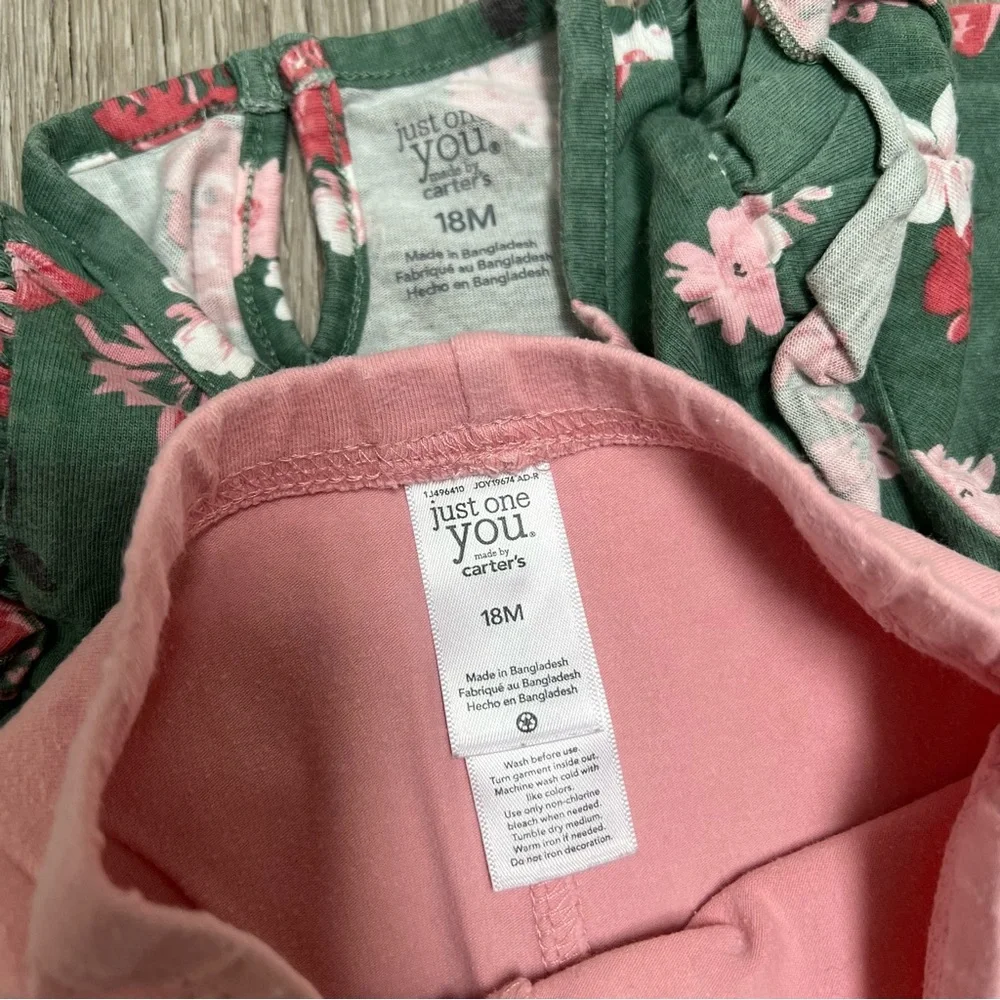CARTERS 2PC LONG SLEEVE SHIRT AND LEGGINGS OUTFIT GREEN PINK 18MO